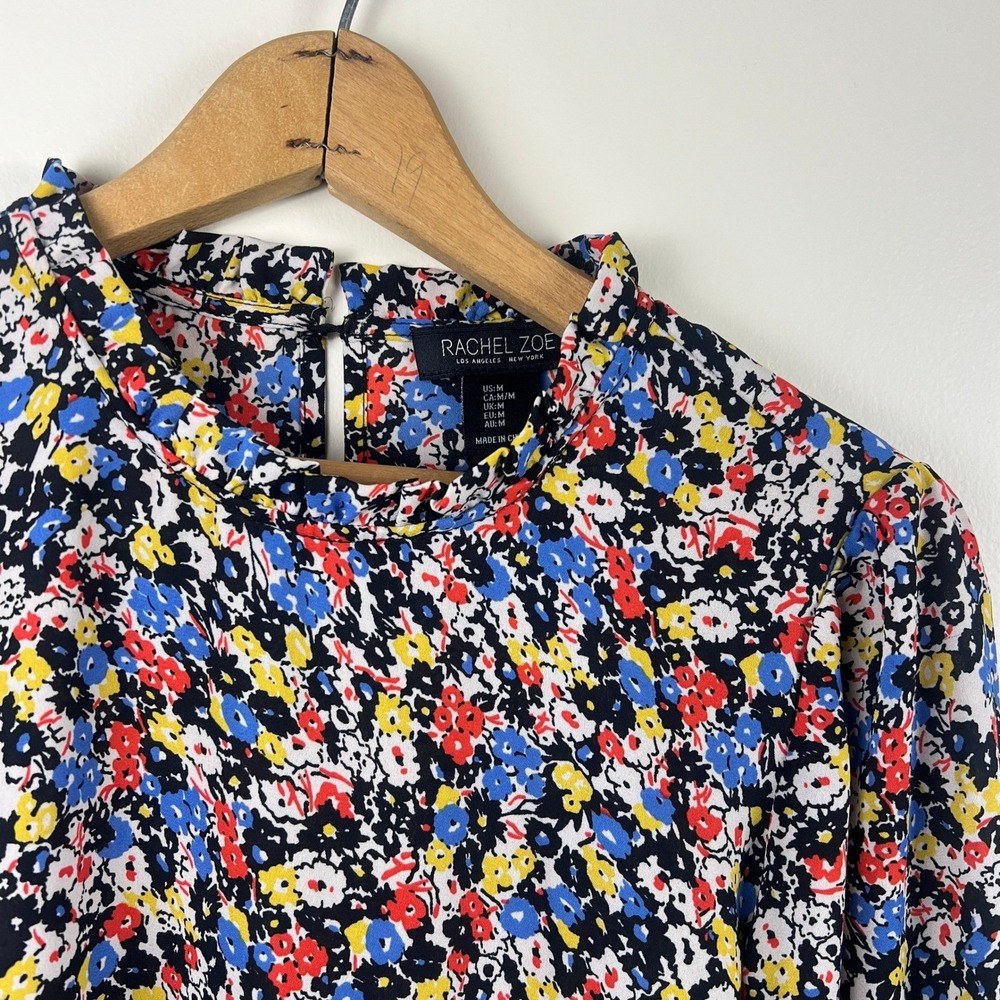 Rachel Zoe Floral Print Ruffle Mock Neck Blouse Smocked Cuff Top Medium Colorful